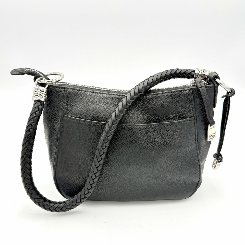 Brighton Your‎ Bag Blake Black Leather Shoulder Bag Braided Strap Silver Heart